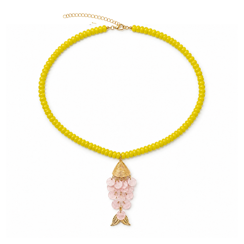 Gele lange kralenketting met gouden parelmoer vis