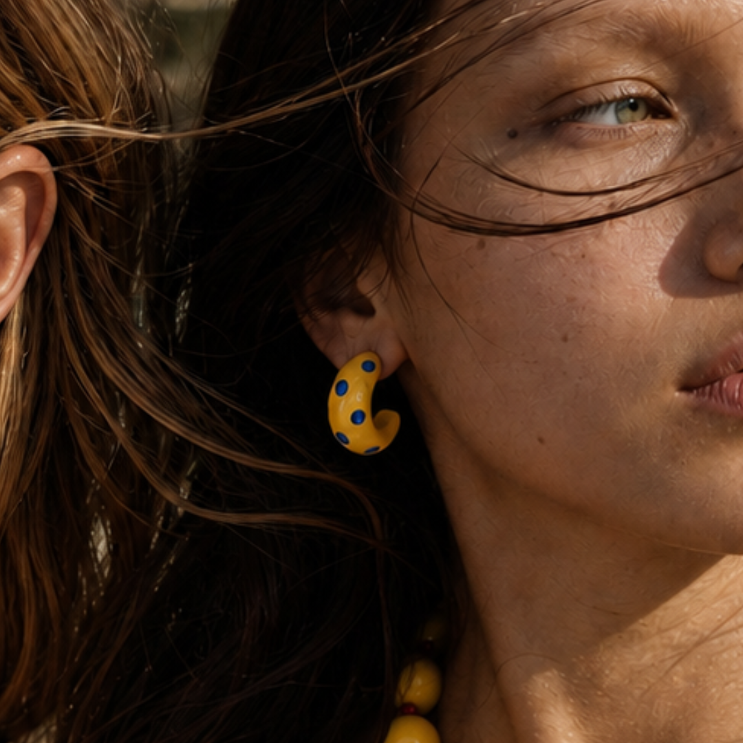 Model draagt gele chunky oorringen met blauwe stippen van Casa Jadel