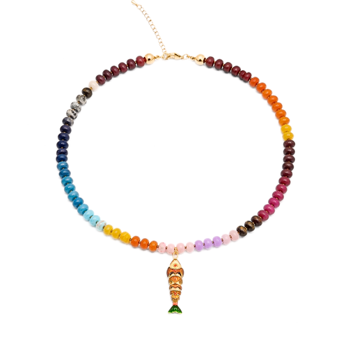 Glazen kralenketting met oranje vis bedel