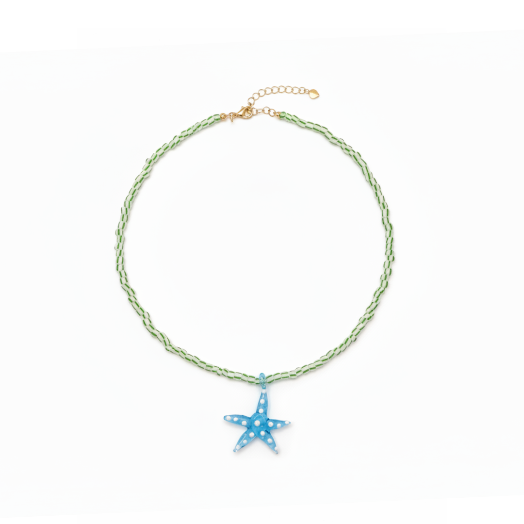 Glazen kralenketting dames met blauwe zeester hanger Ibiza stijl