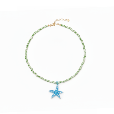 Groen gestreepte glazen kralenketting met blauwe zeester