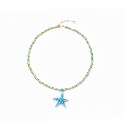Glazen kralenketting dames met blauwe zeester hanger Ibiza stijl