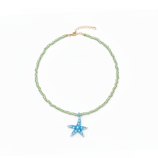 Glazen kralenketting dames met blauwe zeester hanger Ibiza stijl