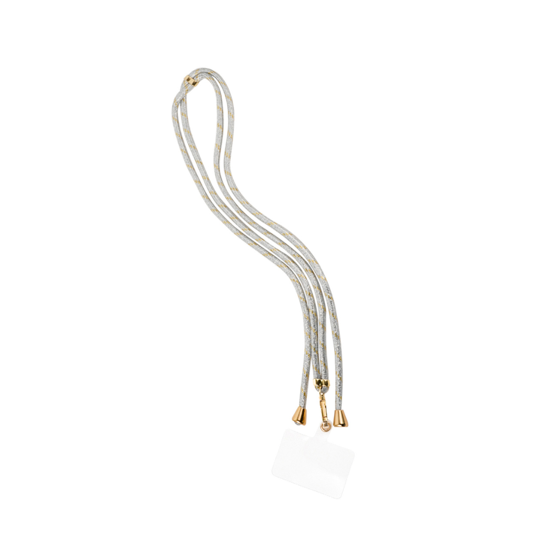 Goud-zilver lang telefoonkoord rope met luxe metalen details en crossbody draagfunctie