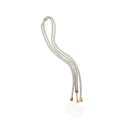 Goud-zilver lang telefoonkoord rope met luxe metalen details en crossbody draagfunctie