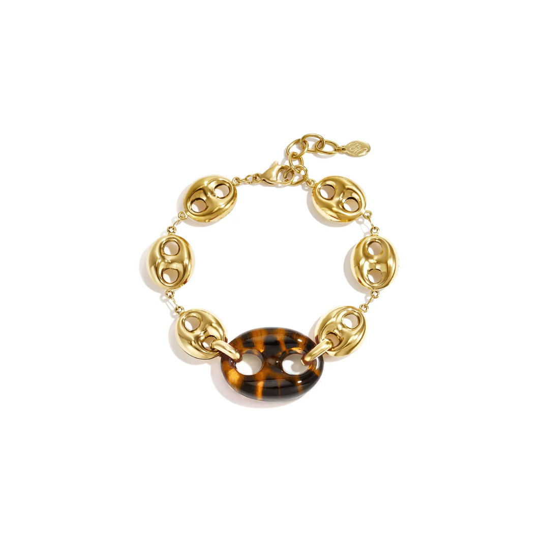 Gouden armband met grote amber bruine panter bean van Casa Jadel