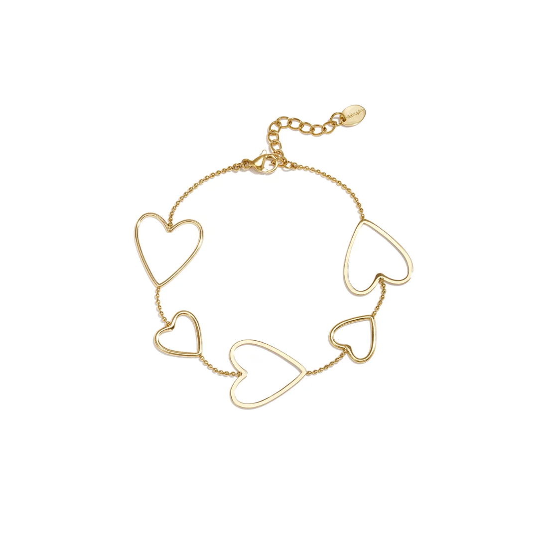 Gouden armband met vijf open hartjes aan een fijne schakelketting van Casa Jadel.