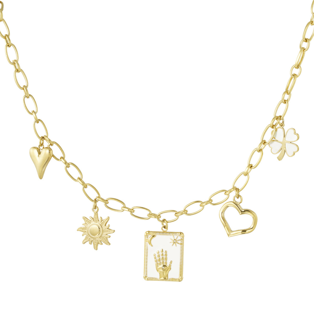 Gouden schakelketting met bedels van een hart, zon, klavertje vier en raise your hand in rechthoekig frame, minimalistische statement ketting voor dames.