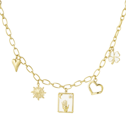 Gouden schakelketting met bedels van een hart, zon, klavertje vier en raise your hand in rechthoekig frame, minimalistische statement ketting voor dames.