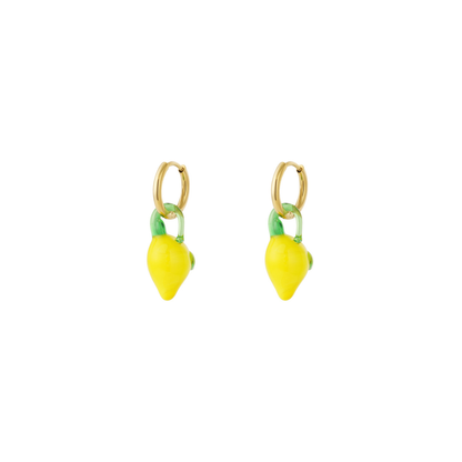 Gouden oorringen met glazen citroen bedel.