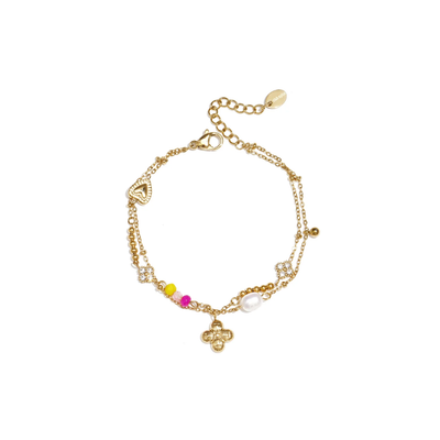Gouden dubbele armband met bloem, parel en gekleurde kralen