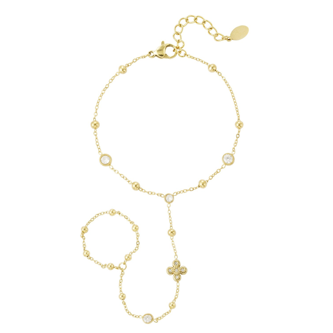 Gouden hand chain armband met ring, strass steentjes en clover detail