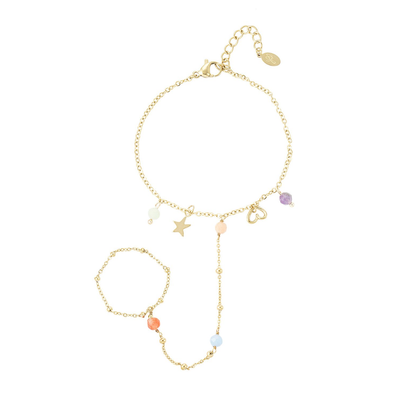 Gouden hand chain armband met ring kraaltjes bedeltjes