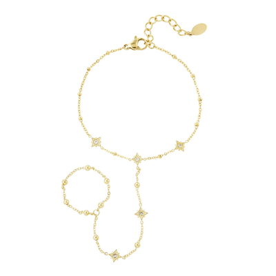 Gouden hand chain armband met ring star glitters