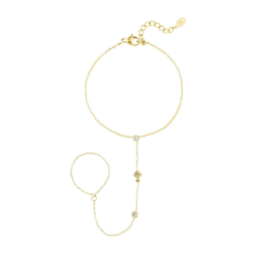 Gouden hand chain armband met ring en subtiele strass details