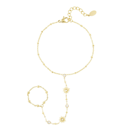 Gouden hand-chain armband met ring, sunny heart bedels en strass details