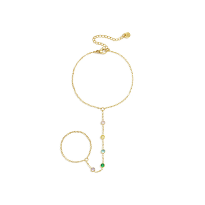 Gouden handchain armband met multicolor strass steentjes