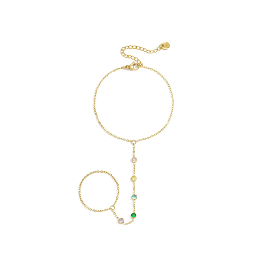 Gouden handchain armband met fijn schakelkettinkje, ring voor de vinger en multicolor strass steentjes in roze, geel, turquoise, groen en lila.