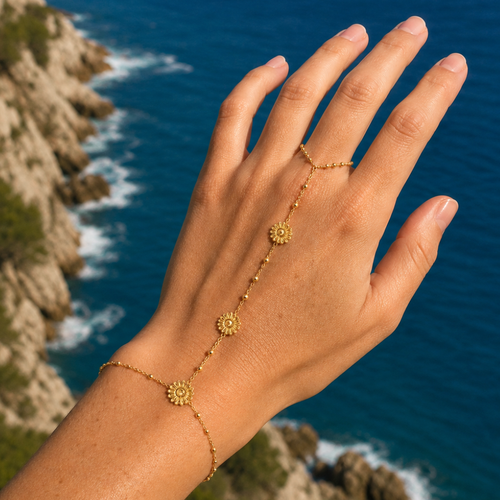Gouden handchain armband met ring bloem strass