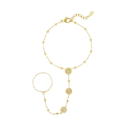 Gouden handchain armband met ring en bloemen details met subtiele strass accenten