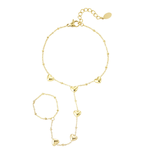 Gouden handchain armband met ring hearts
