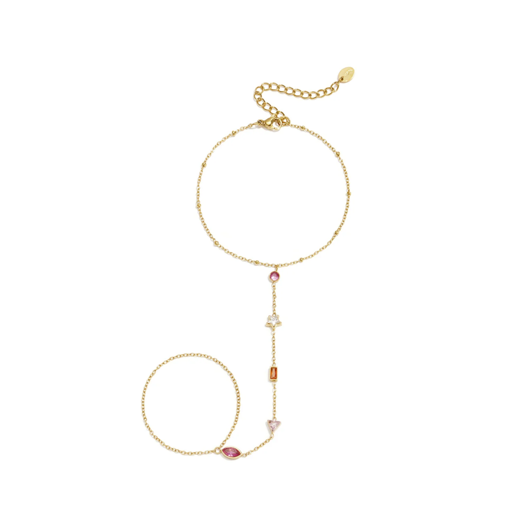 Gouden handchain met roze oranje en gekleurde strass steentjes