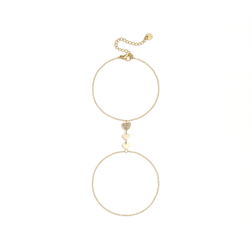 Gouden handchain armband met ring 3 hartjes