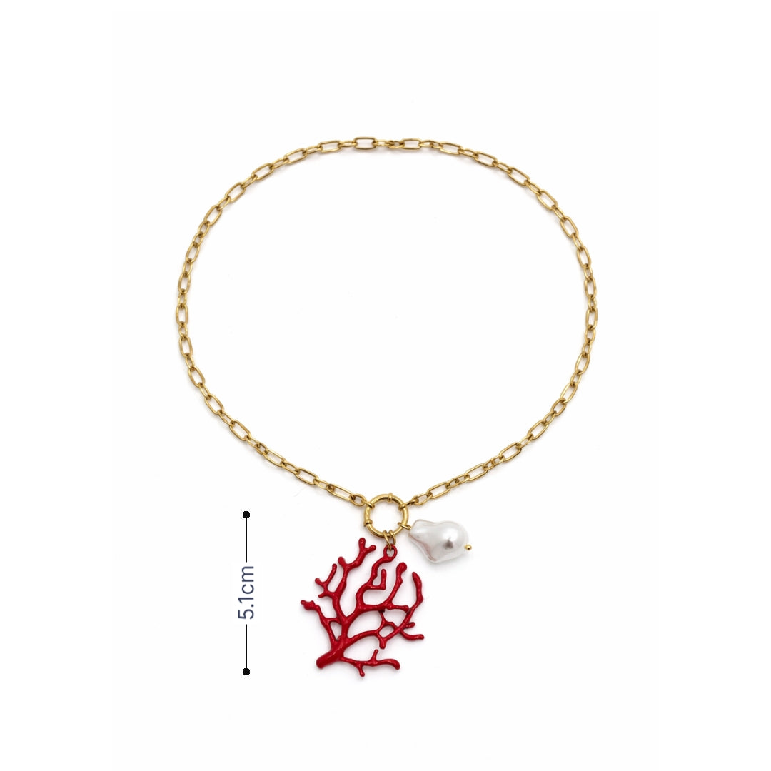 Gouden schakelketting met rode koraal bedel en witte parel hanger afmeting