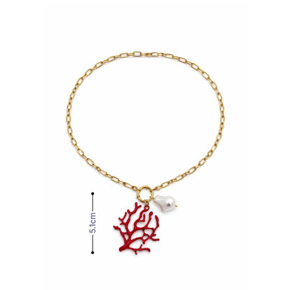 Gouden schakelketting met rode koraal bedel en witte parel hanger afmeting