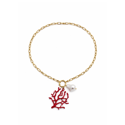 Gouden schakelketting met rode koraal bedel en witte parel hanger