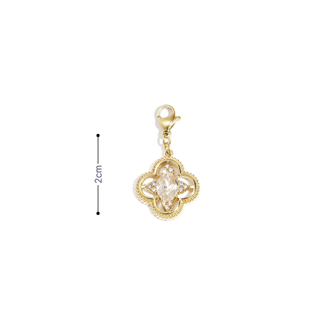 gouden klaver bedel met zirkonia strass steen en klipje voor ketting of armband afmeting