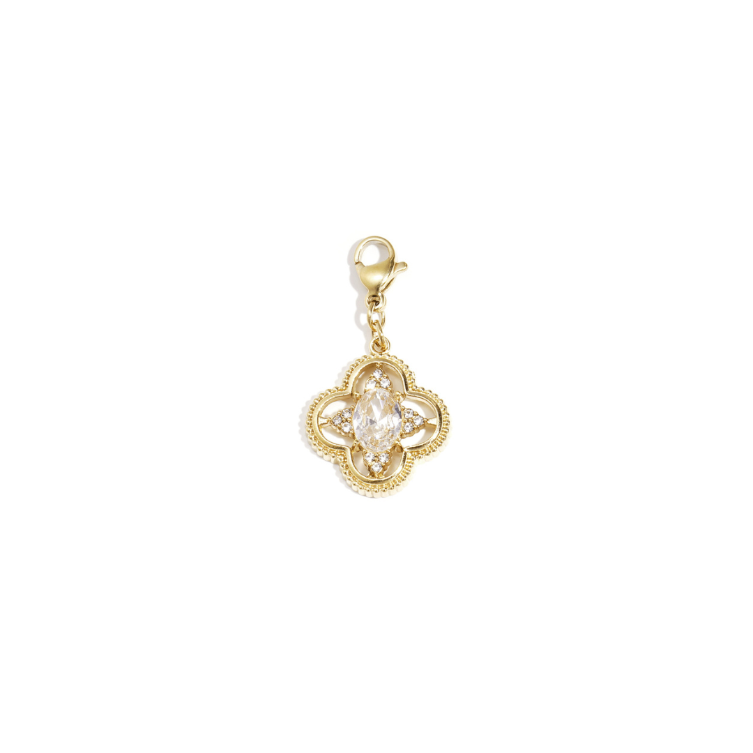gouden klaver bedel met zirkonia strass steen en klipje voor ketting of armband.