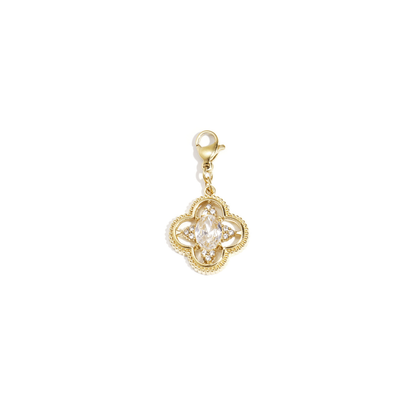 gouden klaver bedel met zirkonia strass steen en klipje voor ketting of armband.
