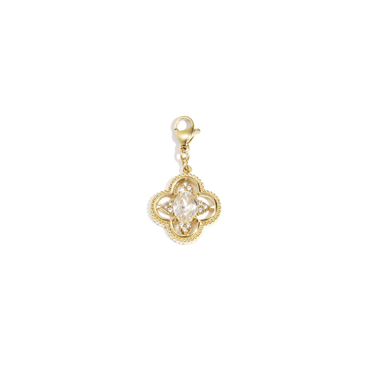 gouden klaver bedel met zirkonia strass steen en klipje voor ketting of armband.