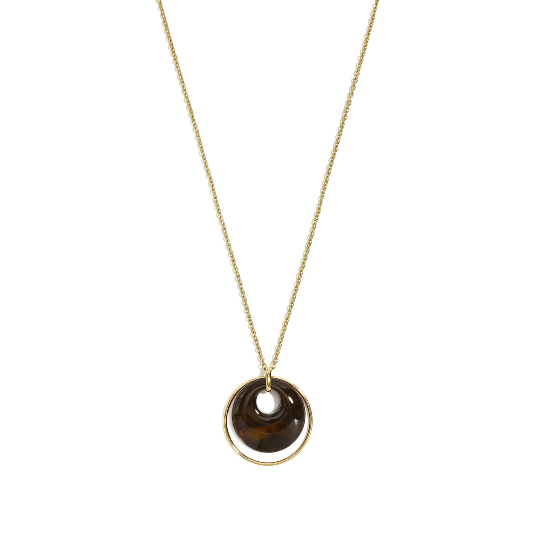 Gouden lange ketting met donkerbruine transparante turtoise donut hanger en grote ronde goudkleurige ring