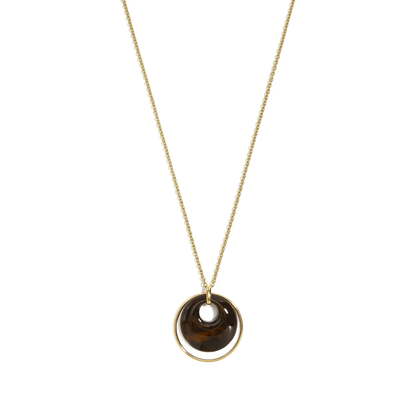 Gouden lange ketting met donkerbruine transparante turtoise donut hanger en grote ronde goudkleurige ring