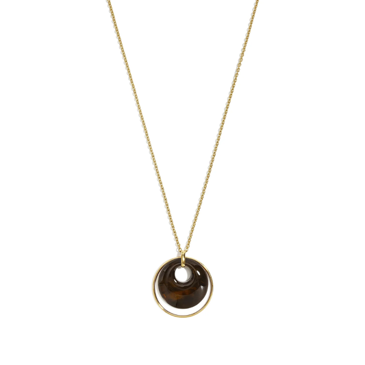 Gouden lange ketting met donkerbruine transparante turtoise donut hanger en grote ronde goudkleurige ring