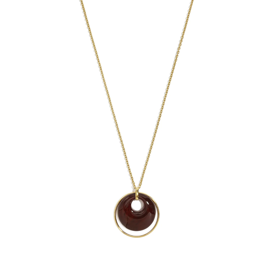 Gouden lange ketting met burgundy transparante turtoise donut hanger en grote ronde goudkleurige ring
