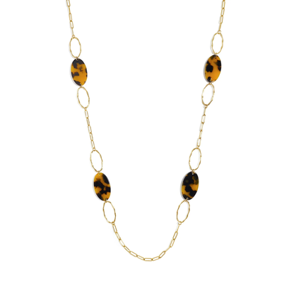 Gouden lange ketting met ovale panterprint schakels in bruin en zwart
