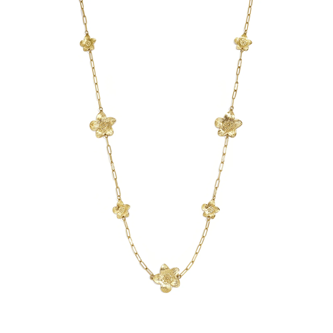 Gouden lange ketting met grote en kleine statement bloemen
