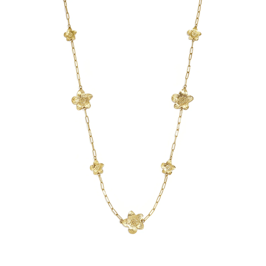 Gouden lange ketting met grote en kleine statement bloemen