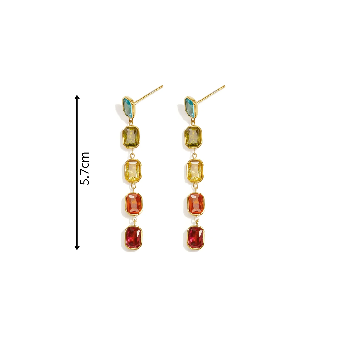 Gouden lange statement oorbellen met turquoise gele oranje en rode strass stenen  afmeting