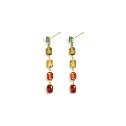 Gouden lange statement oorbellen met turquoise gele oranje en rode strass stenen