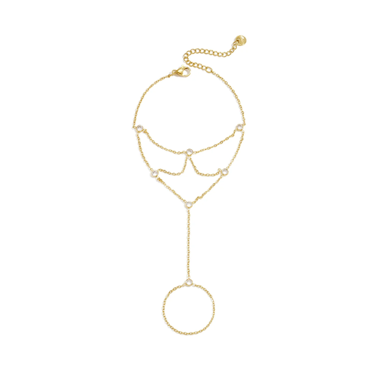 Gouden layered handchain armband met meerdere fijne schakelkettinkjes, heldere strass steentjes, een ronde vingerring en verstelbare sluiting.