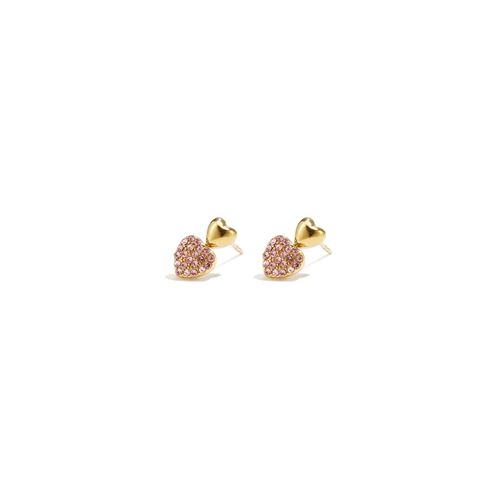 Gouden oorknopjes met roze strass hartjes