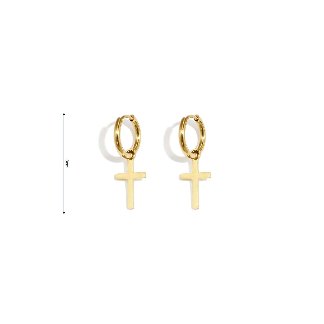 Gouden stainless steel oorringen met afneembare kruis hanger van Casa Jadel afmeting