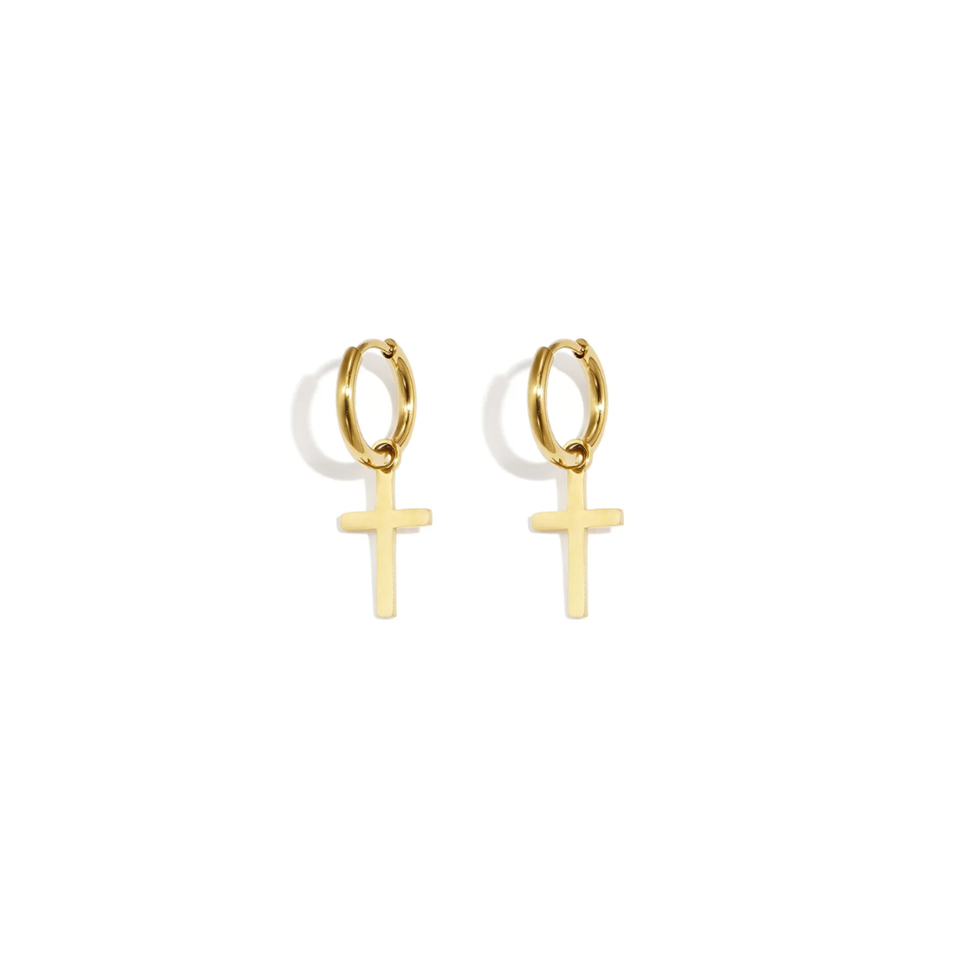 Gouden stainless steel oorringen met afneembare kruis hanger van Casa Jadel.