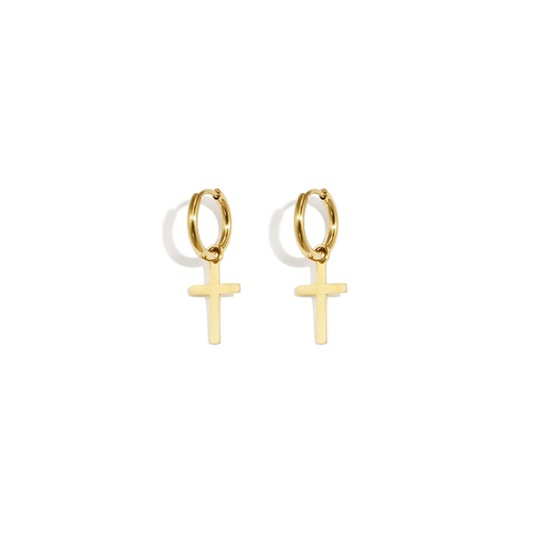 Gouden stainless steel oorringen met afneembare kruis hanger van Casa Jadel.
