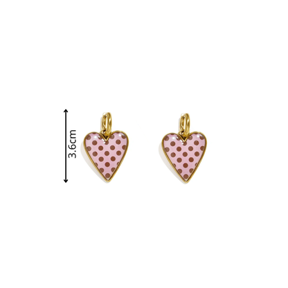 Gouden oorringen met roze polkadot hartjes en bruine stippen afmeting