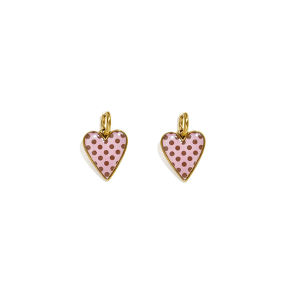 Gouden oorringen met roze polkadot hartjes en bruine stippen